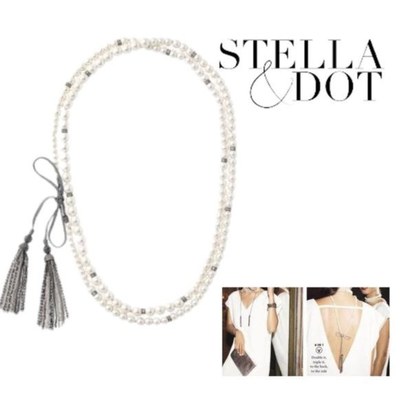 Stella and Dot Mara Pearl Necklace Pavé Rondials and Metallic Cord Tassels - Picture 4 of 4